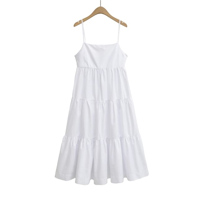 Ulark-Spaghetti Strap Plain Tiered Midi A-Line Dress