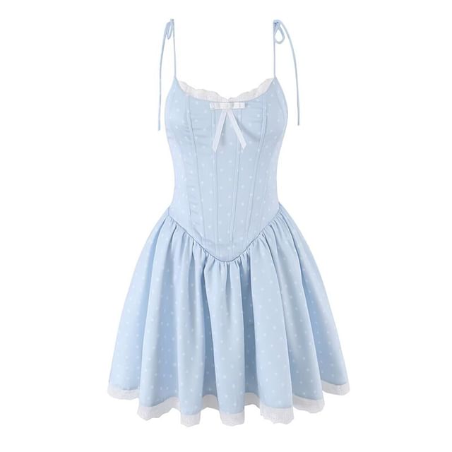 Ulark-Spaghetti Strap Scoop Neck Dotted Mini A-Line Dress