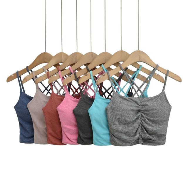 Ulark-Spaghetti Strap Scoop Neck Plain Ruched Crop Cami Top