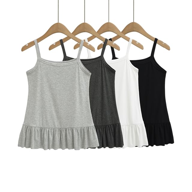 Ulark-Spaghetti Strap Scoop Neck Plain Ruffle Trim Cami Top