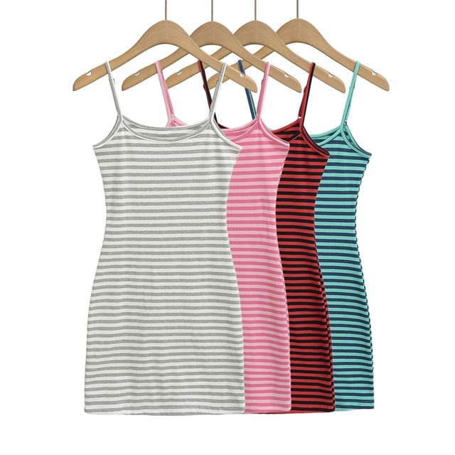 Ulark-Spaghetti Strap Striped Mini Bodycon Dress