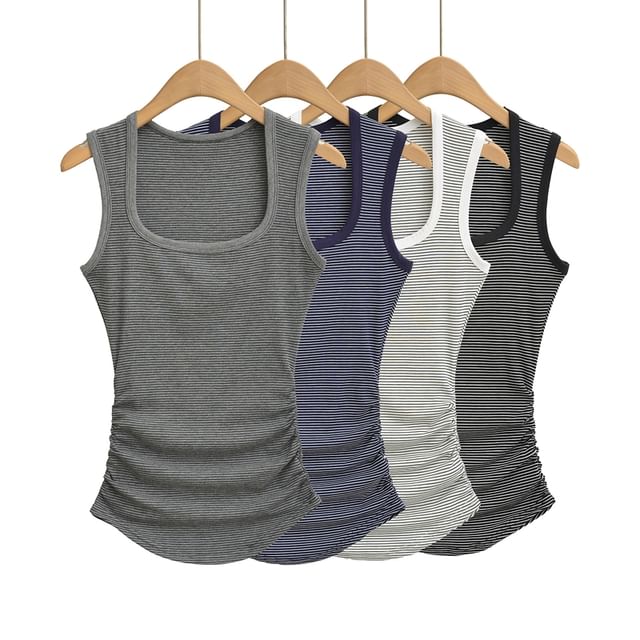 Ulark-Square Neck Striped Ruched Tank Top
