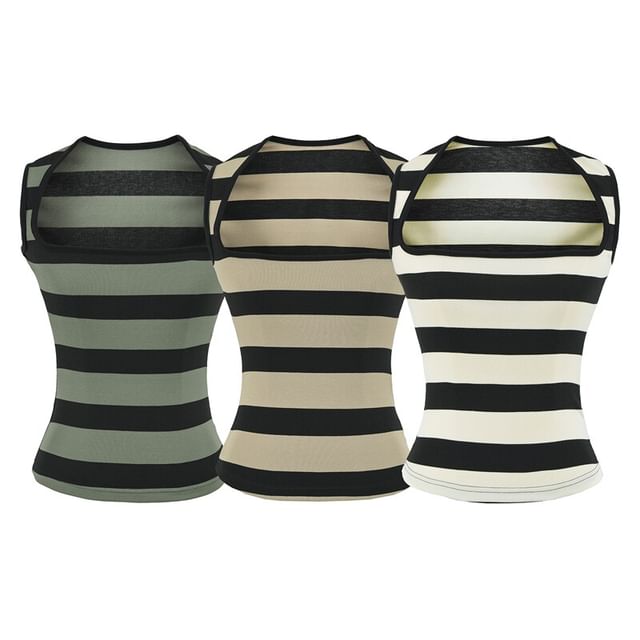 Ulark-Square Neck Striped Tank Top