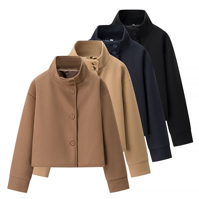 Ulark-Stand Collar Plain Button Jacket