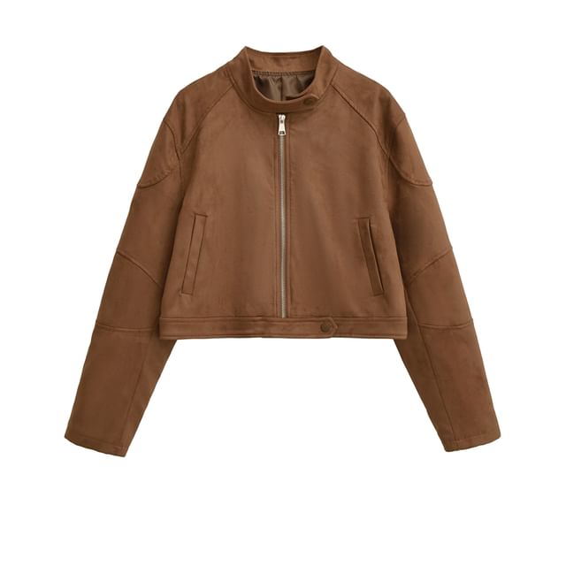 Ulark-Stand Collar Plain Faux Leather Zip Jacket