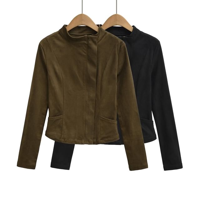 Ulark-Stand Collar Plain Faux Suede Zip Jacket