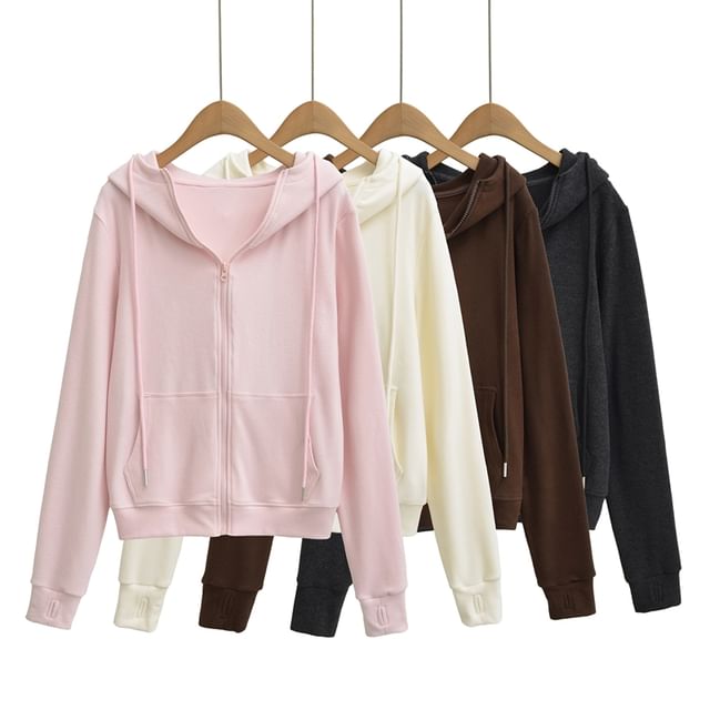 Ulark-Stand Collar Plain Fleece-Lined Zip Hoodie