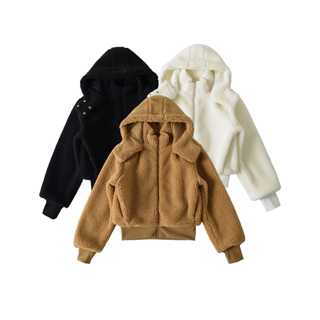 Ulark-Stand Collar Plain Hood Zip Teddy Jacket