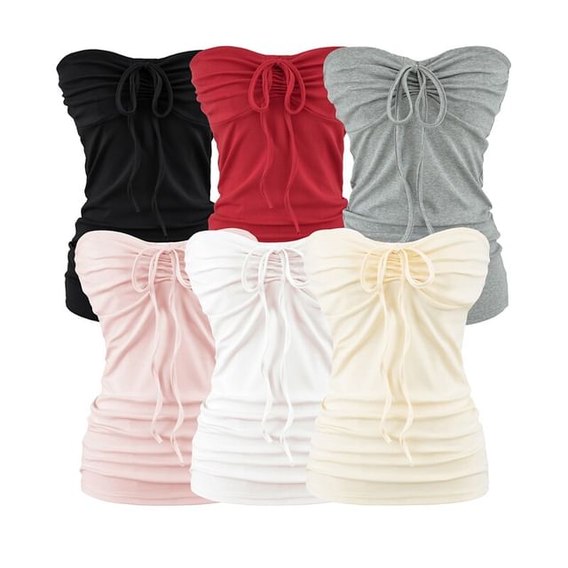Ulark-Strapless Plain Ruched Drawstring Tube Top