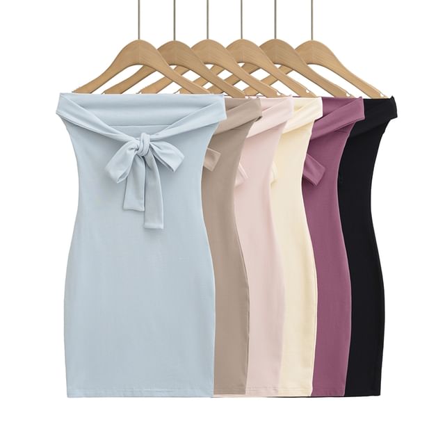 Ulark-Strapless Plain Ruched Tie Front Mini Bodycon Dress