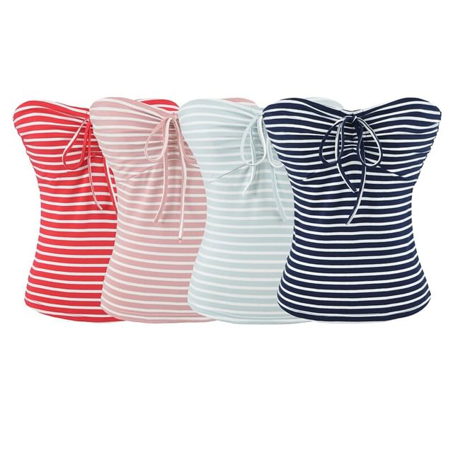 Ulark-Strapless Striped Tie Front Tube Top