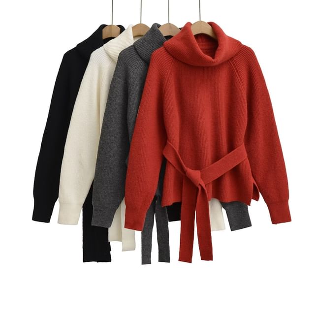 Ulark-Turtleneck Plain Tie Waist Ribbed Knit Sweater