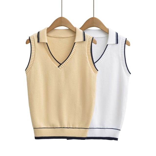 Ulark-V-Neck Collared Contrast Trim Sweater Vest