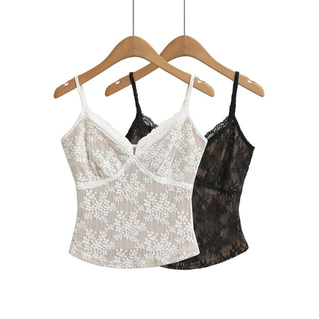 Ulark-V-Neck Lace Overlay Camisole Top