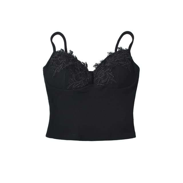 Ulark-V-Neck Lace Panel Sequin Padded Crop Camisole Top