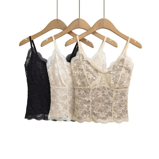 Ulark-V-Neck Padded Lace Overlay Cami Top