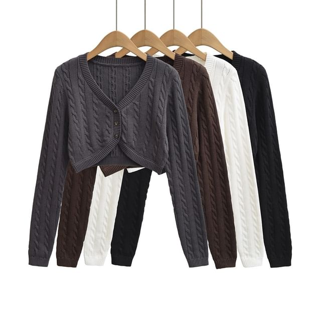 Ulark-V-Neck Plain Cable Knit Crop Cardigan
