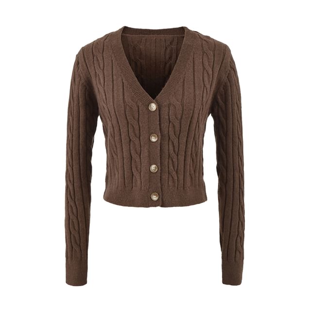 Ulark-V-Neck Plain Cable Knit Crop Cardigan