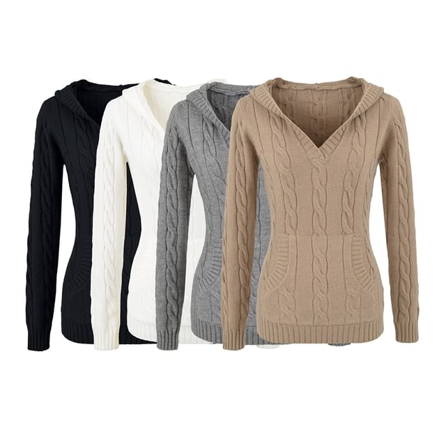Ulark-V-Neck Plain Hood Cable Knit Sweater
