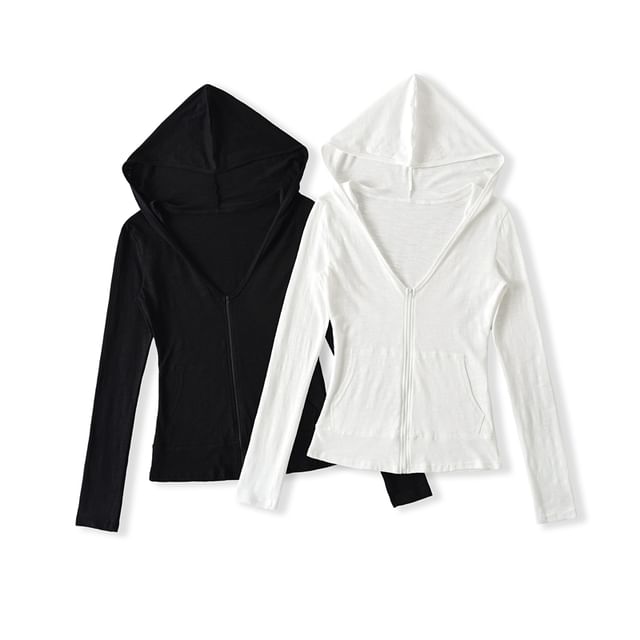 Ulark-V-Neck Plain Hood Zip Jacket