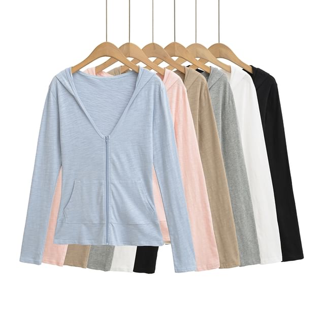 Ulark-V-Neck Plain Hood Zip Jacket