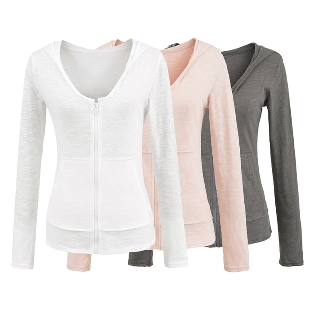 Ulark-V-Neck Plain Hood Zip Jacket