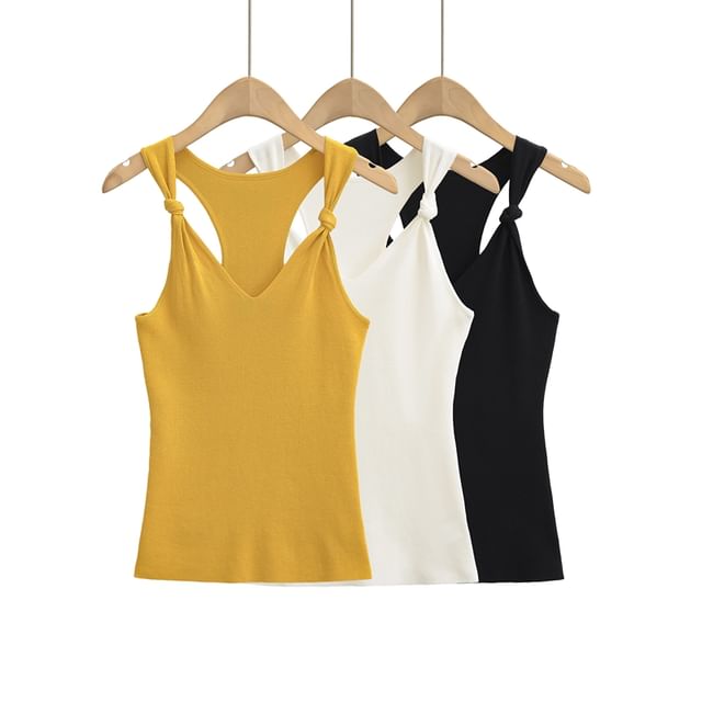 Ulark-V-Neck Plain Knotted Knit Tank Top