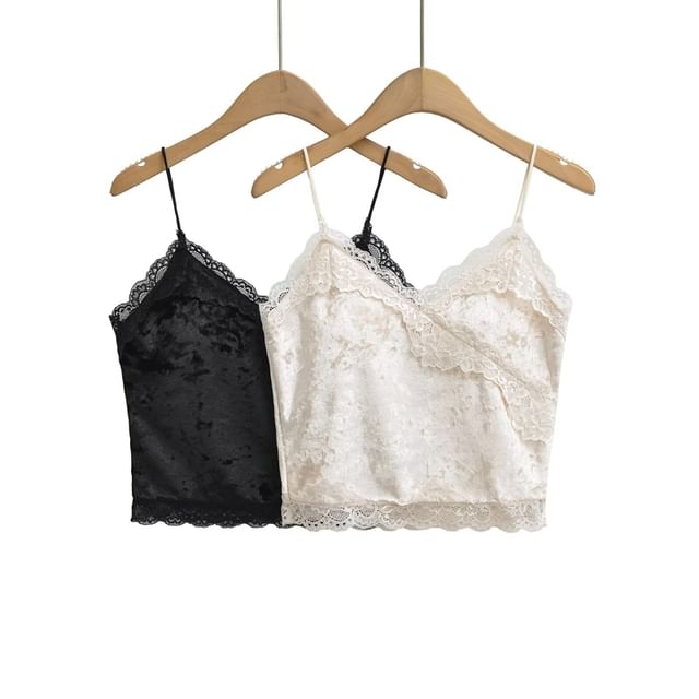 Ulark-V-Neck Plain Lace Panel Velvet Cami Top