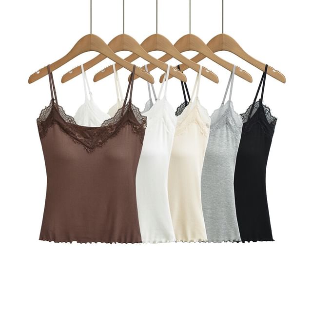 Ulark-V-Neck Plain Lace Trim Camisole Top