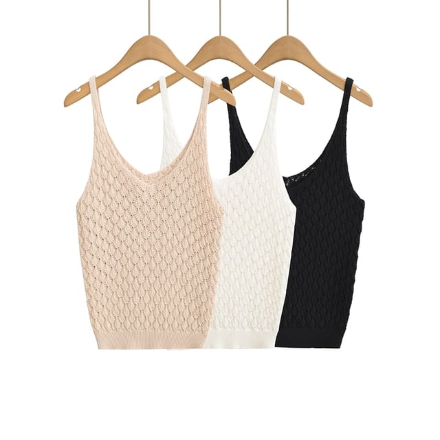 Ulark-V-Neck Plain Pointelle Knit Camisole Top