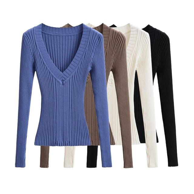 Ulark-V-Neck Plain Ribbed Sweater