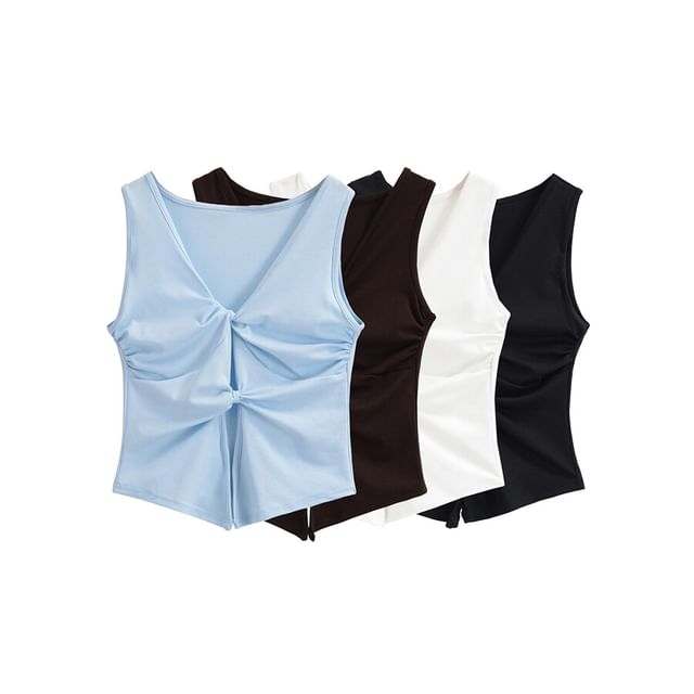 Ulark-V-Neck Plain Twist Slit Tank Top