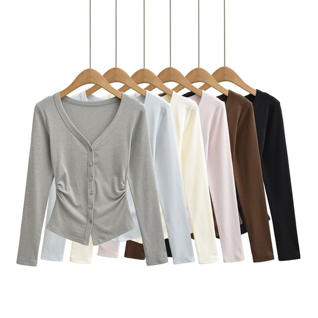 Ulark-V-Neck Ruched Button-Up Plain Cardigan