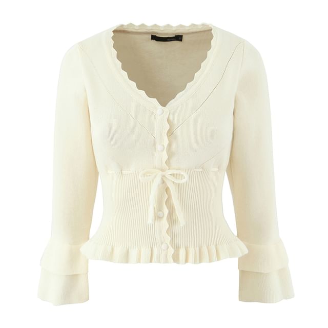 Ulark-V-Neck Ruffle Trim Button-Up Plain Crop Cardigan