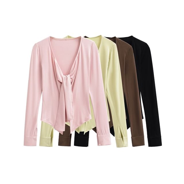 Ulark-V-Neck Tie Front Plain Cardigan