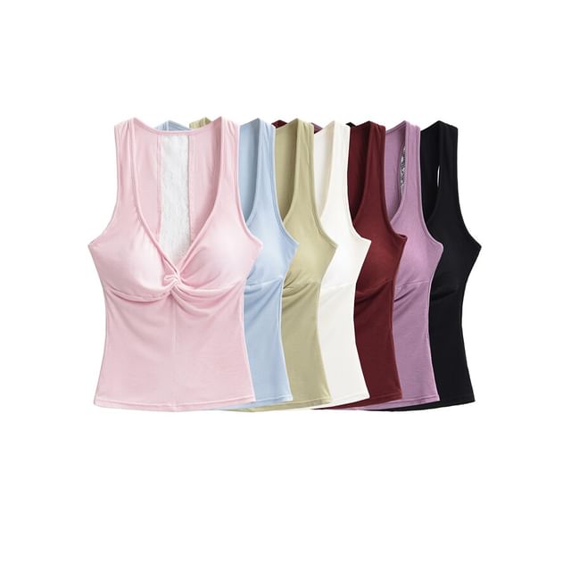 Ulark-V-Neck Twist Padded Panel Lace Tank Top