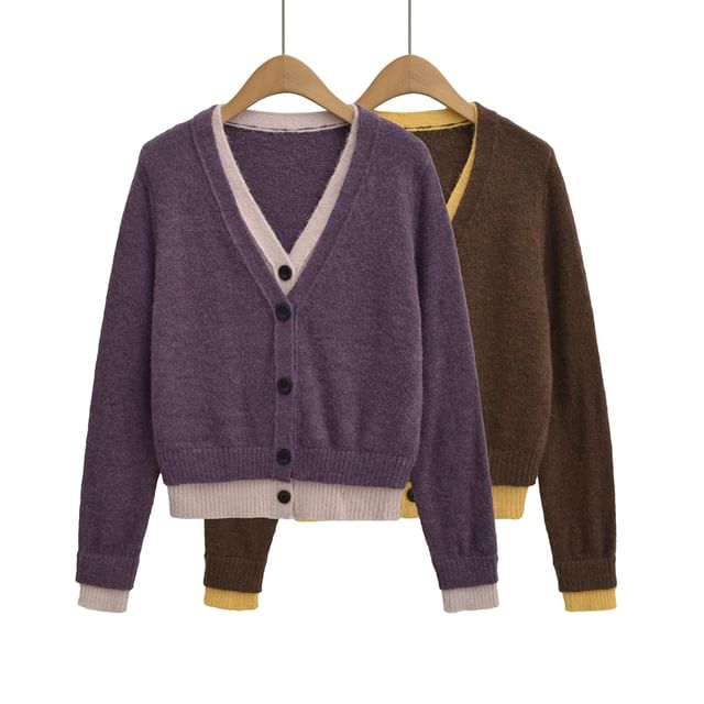Ulark-V-Neck Two Tone Mock Two-Piece Cardigan