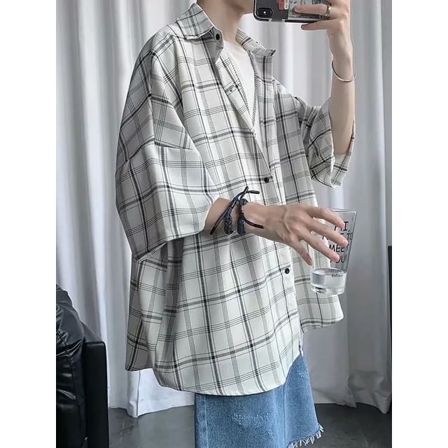 Urtishia-34-Sleeve Plaid Button-Up Shirt