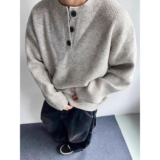 Urtishia-Crew Neck Plain Henley Ribbed Knit Sweater