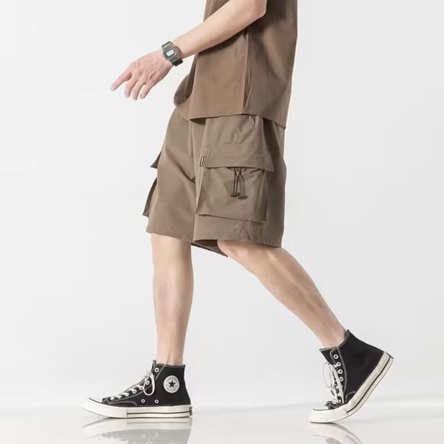 Urtishia-Drawstring Waist Plain Cargo Shorts