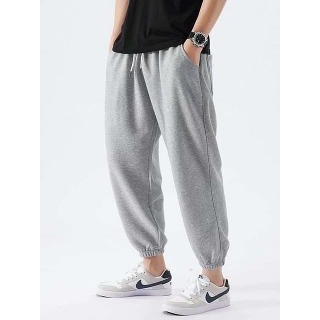Urtishia-Drawstring Waist Plain Cropped Baggy Sweatpants