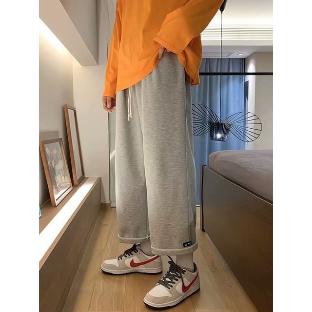 Urtishia-Drawstring Waist Plain Cropped Baggy Sweatpants