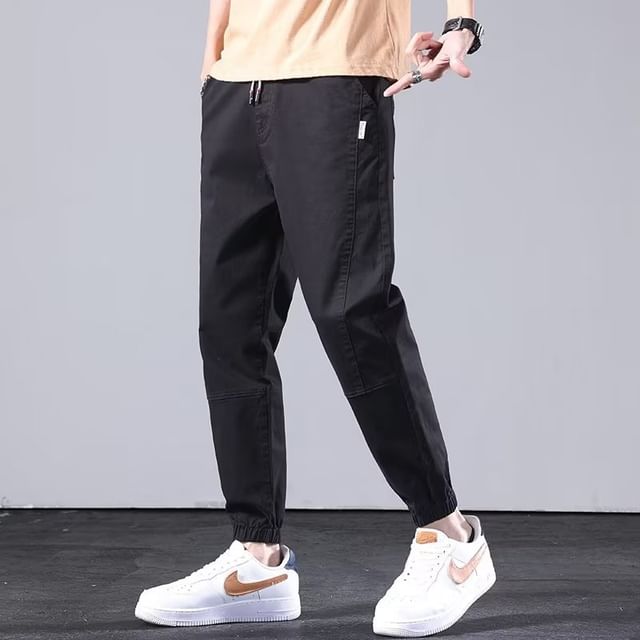 Urtishia-Drawstring Waist Plain Tapered Pants