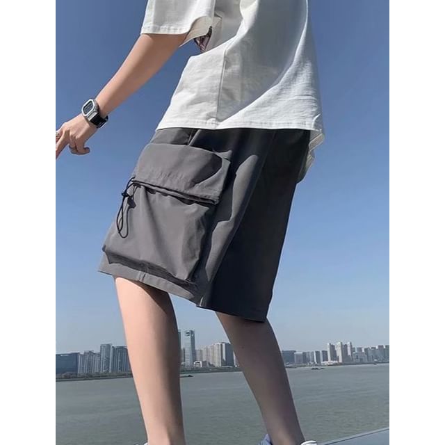 Urtishia-Drawstring Waist Plain Wide Leg Cargo Shorts