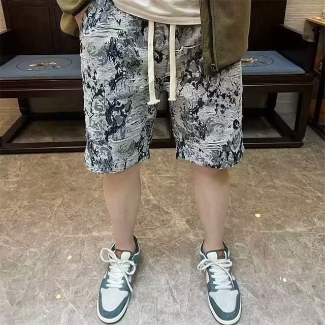 Urtishia-Drawstring Waist Print Denim Shorts