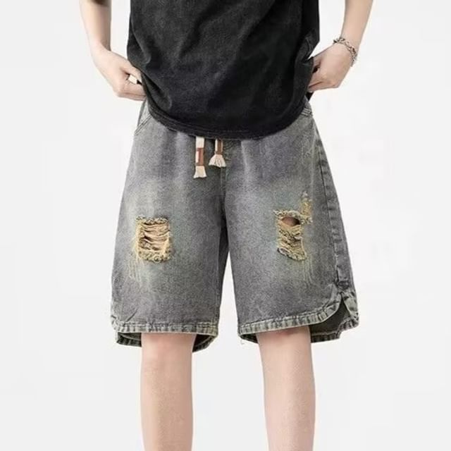 Urtishia-Drawstring Waist Washed Distressed Slit Denim Shorts