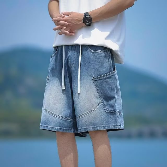 Urtishia-Drawstring Waist Washed Panel Denim Cargo Shorts