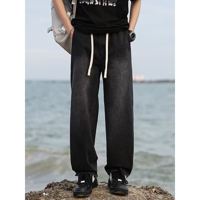 Urtishia-Drawstring Waist Washed Straight Leg Jeans