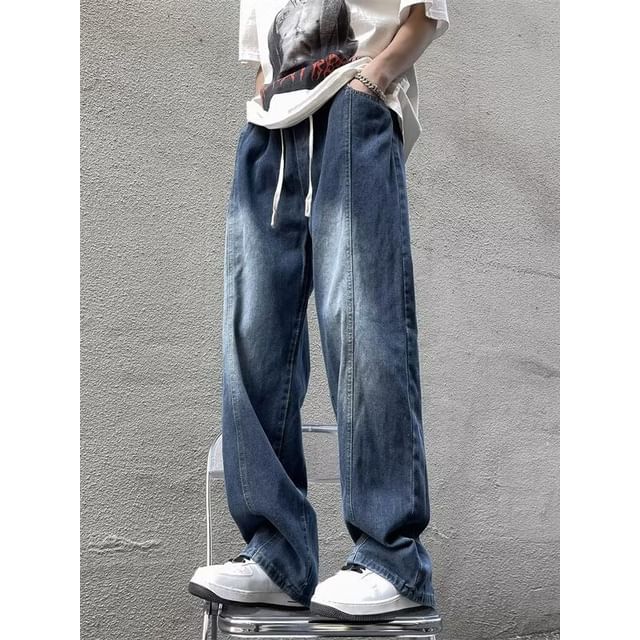 Urtishia-Drawstring Waist Washed Straight Leg Jeans