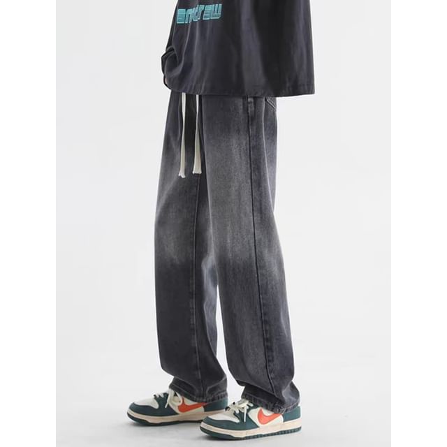 Urtishia-Drawstring Waist Washed Straight Leg Jeans